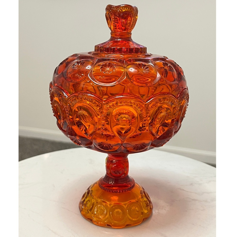 LE Smith Moon and Star Amberina Glass Candy Dish Lidded Compote 10" Glows MCM
